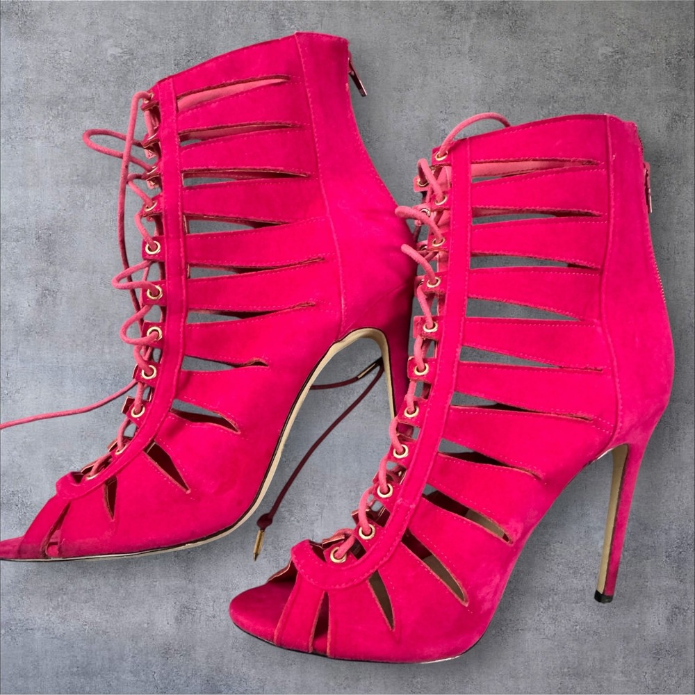 Shoe Republic LA Cage Booties Women's 9 Pink Lace Up Stiletto Heel